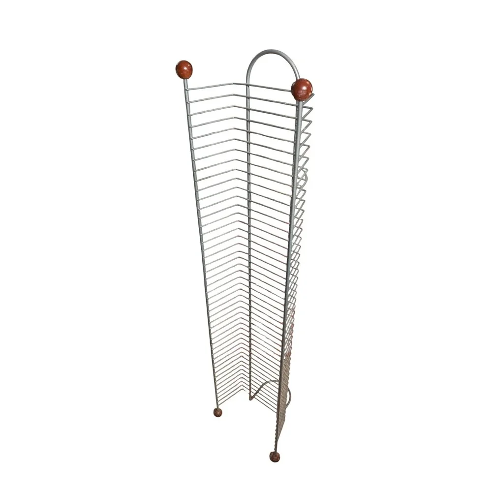 Vintage Metal Wire DVD Media Tower Rack Holds 45 Games Silver Wood Ball 38
